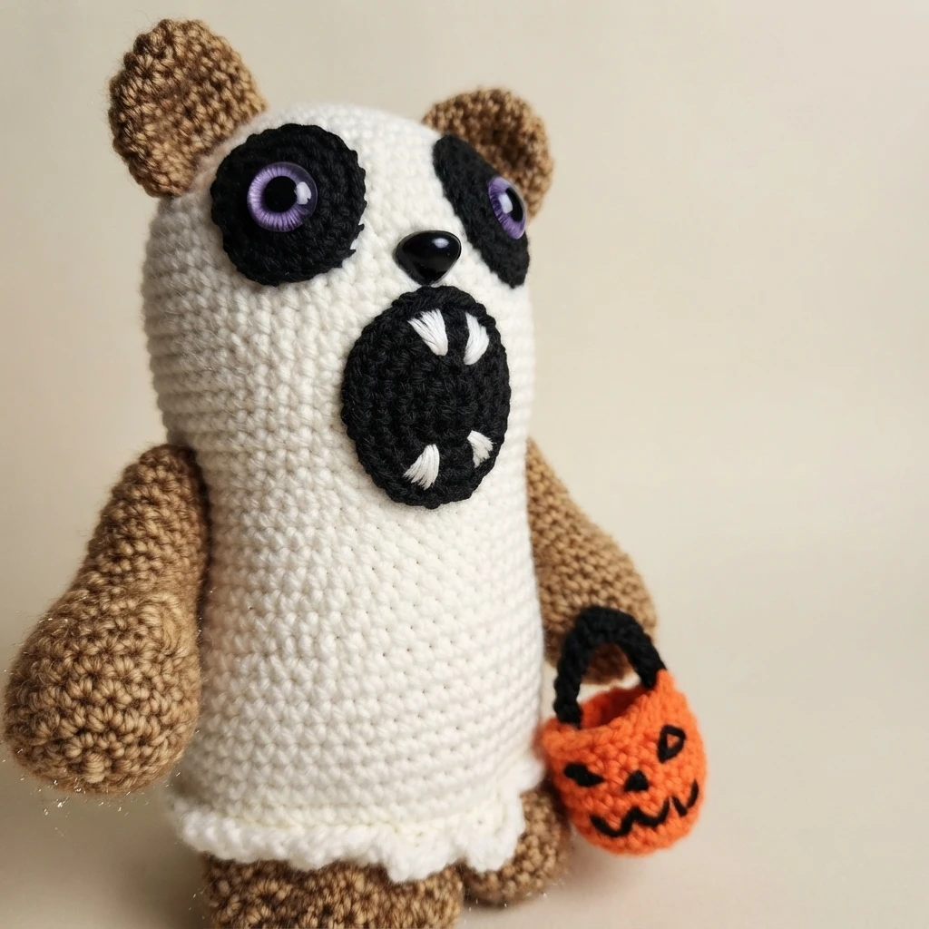 Crocheted white ghost bear with brown ears, arms and feet, black eye patches around purple eyes, a black snout with white teeth, and a small orange crocheted pumpkin bucket with a black handle held at its side.