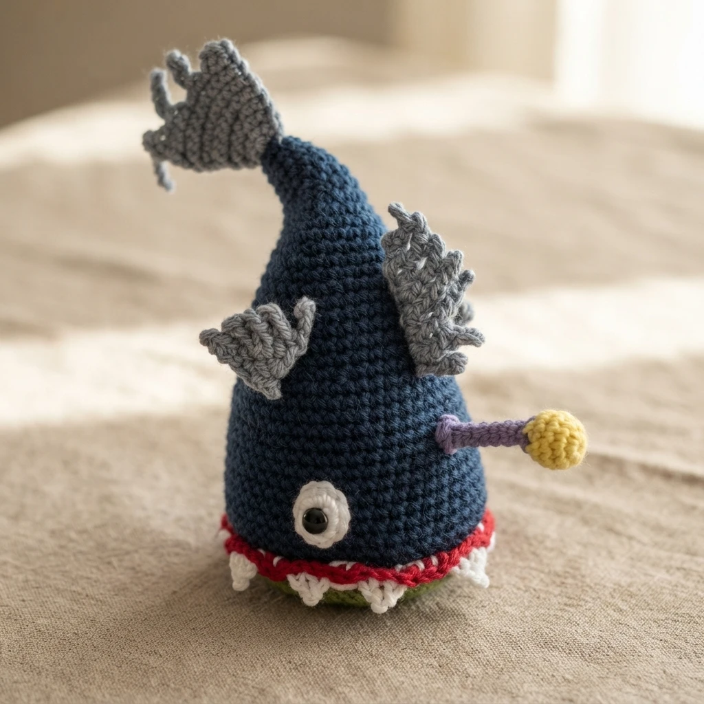 Crocheted navy blue fish hat with grey fins and tail, one white eye with a black center, a purple stalk ending in a yellow ball, and a red and white scalloped brim with a green edge, resting on beige fabric.