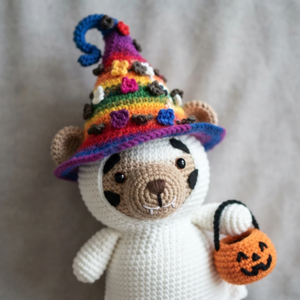 Amigurumi bear with a white ghost body, brown face and ears, black eye patches and white fangs, wearing a rainbow striped witch hat decorated with small crocheted flowers and holding an orange crocheted pumpkin bucket, photographed on gray