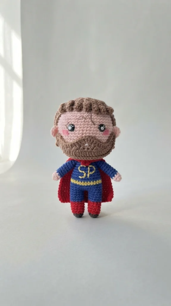 Crocheted superhero dad amigurumi doll with brown beard, blue suit with yellow SP letters, and red cape standing on a light background.