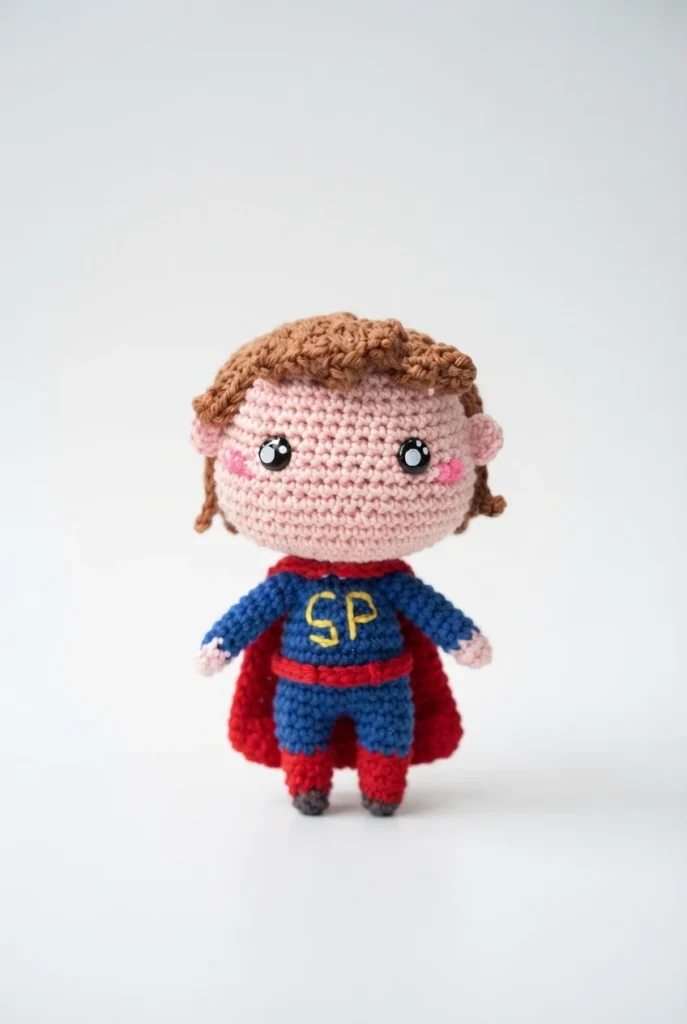 Crochet amigurumi superhero dad doll with light pink skin, brown hair, blue suit with yellow SP letters and red cape standing against a plain white background.