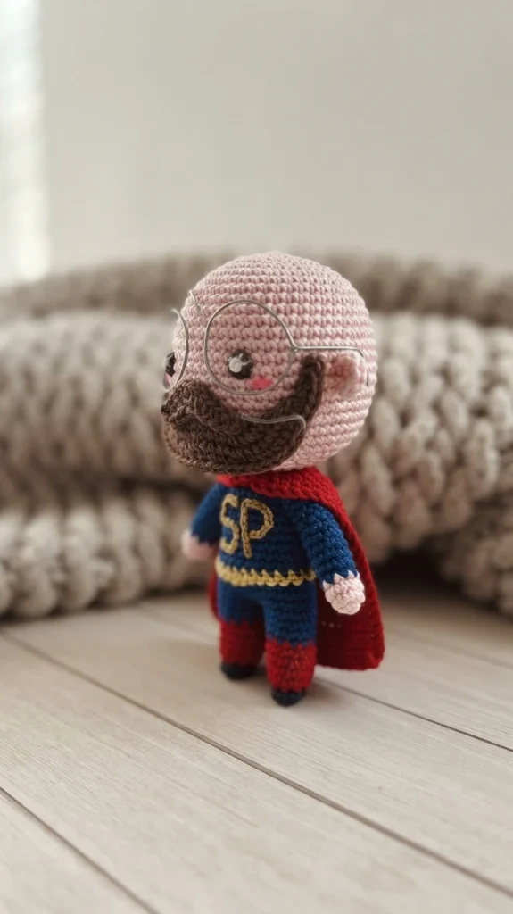 Single crocheted superhero dad amigurumi with a bald pink head, brown beard, round wire glasses, blue suit with yellow SP letters, yellow belt and red cape, standing on a light wooden floor in front of a beige chunky knit blanket.
