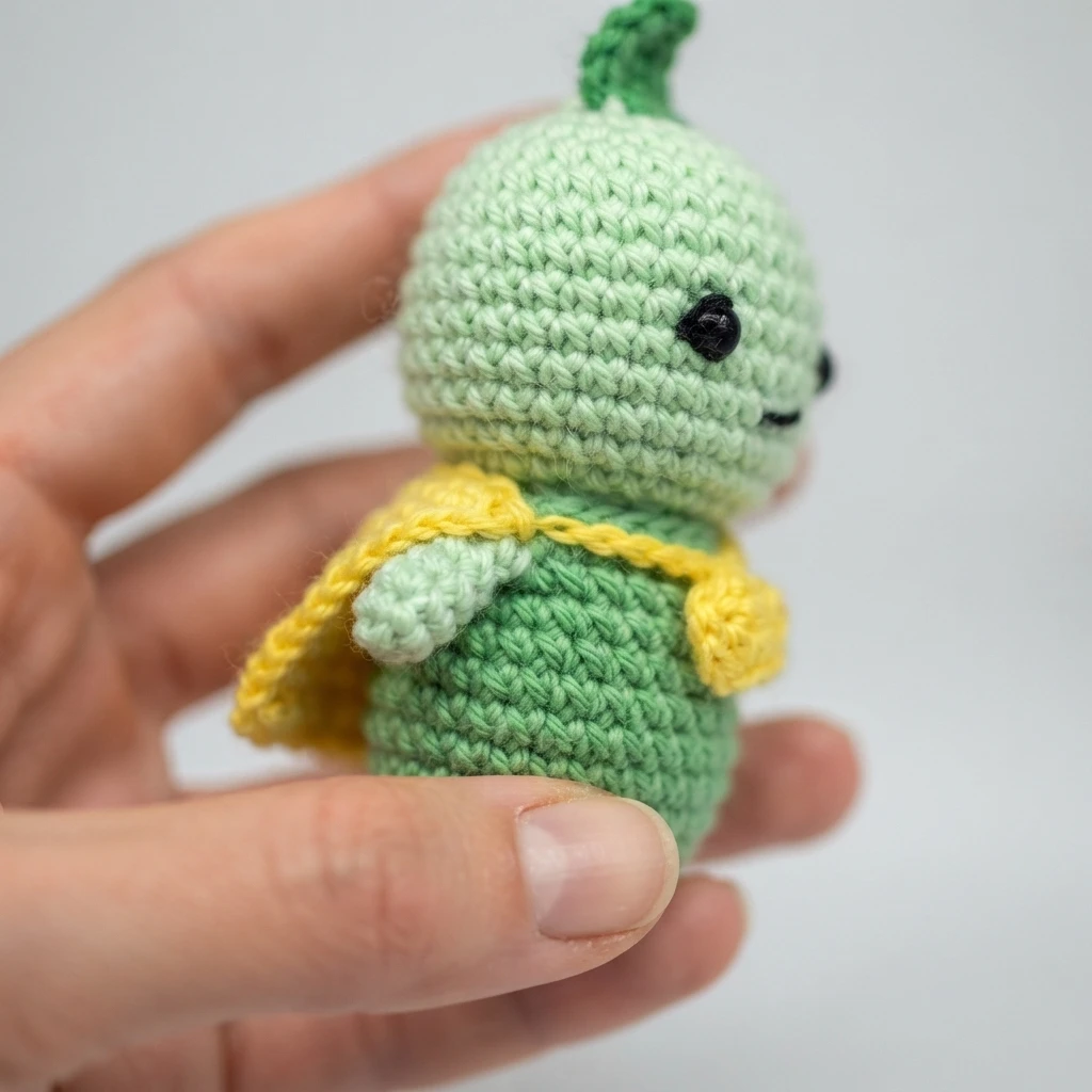 Hand holding a small light green crocheted sprout character with a darker green body and a yellow cape.