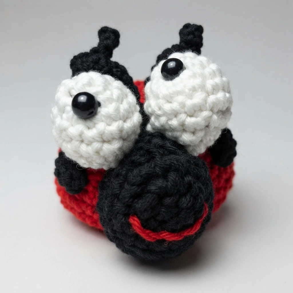 Close-up of a crocheted ladybird amigurumi with red body, black head and large white eyes