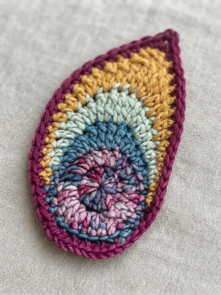 Crocheted butterfly wing with a burgundy border and bands of yellow, mint, blue and multicolor yarn on light fabric.