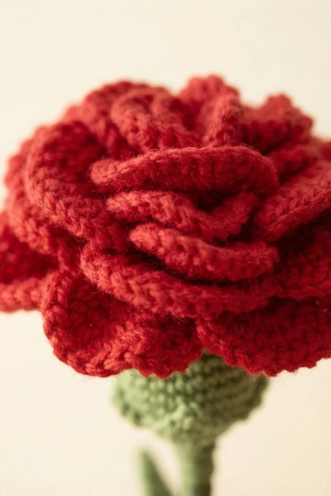 Close-up of a single red crochet carnation with a green calyx and stem on a light background