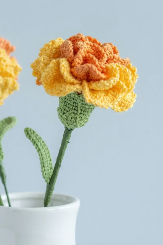 Crochet carnation flower with yellow and orange ruffled petals, green calyx, stem and leaf in a white vase