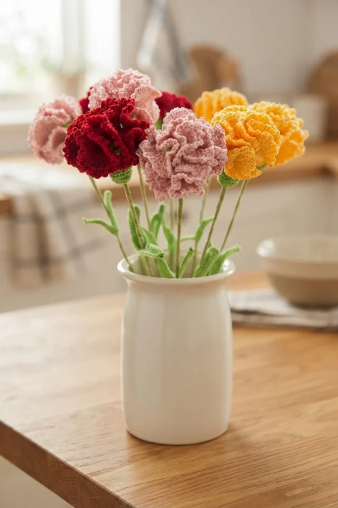 Small bouquet of red, pink and yellow crochet carnations with green stems and leaves in a plain white vase on a wooden table.