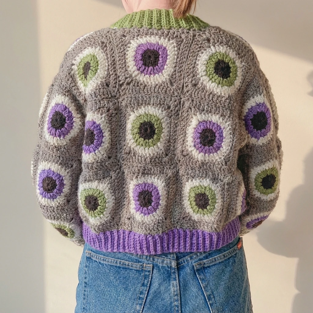 Back view of a person wearing a grey crochet granny square cardigan with purple and green eyeball motifs, a green ribbed collar and a purple ribbed hem, worn with blue jeans.
