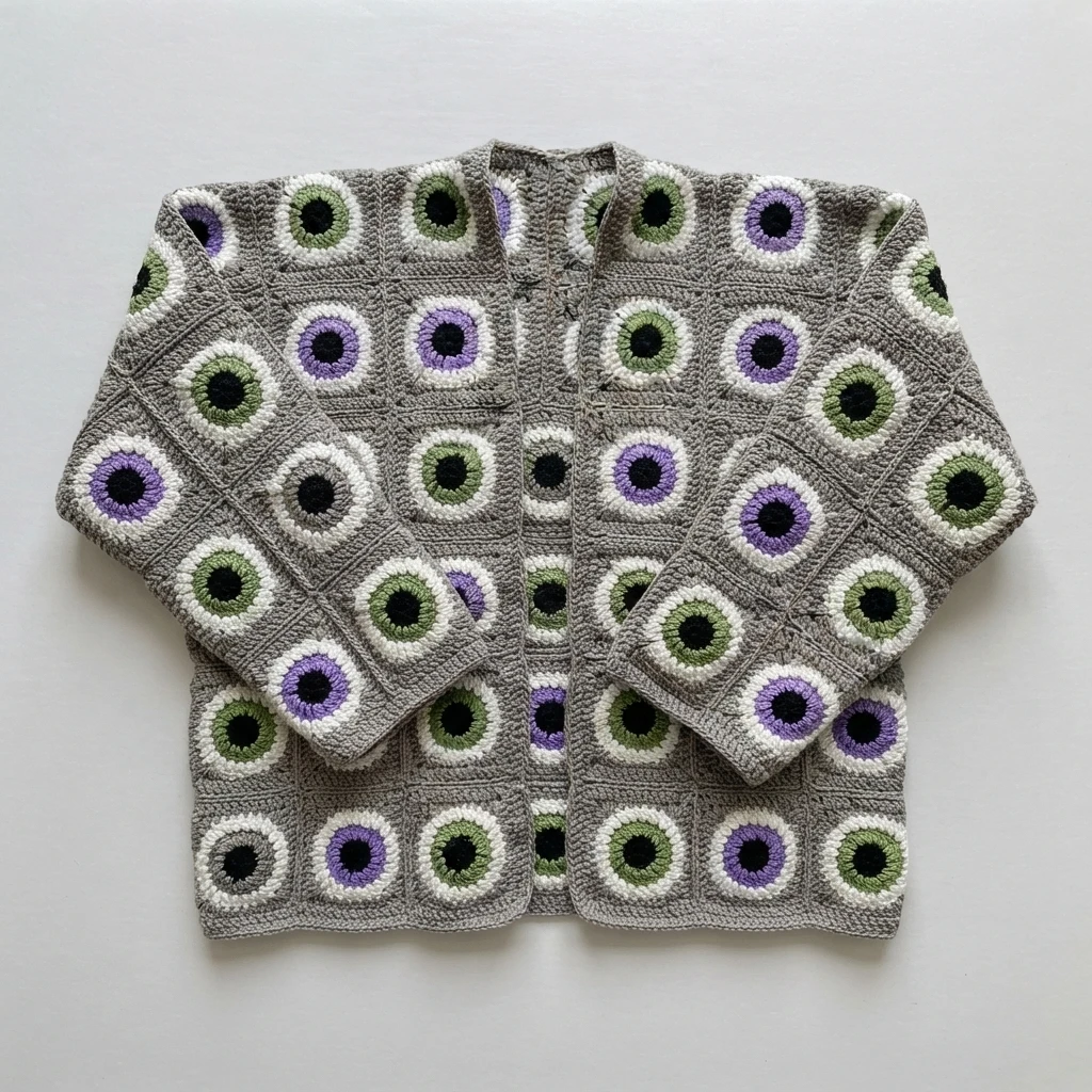 Grey crochet granny square cardigan with round eyeball motifs, green and purple irises with black centers and white rings, shown laid flat on a plain white surface.