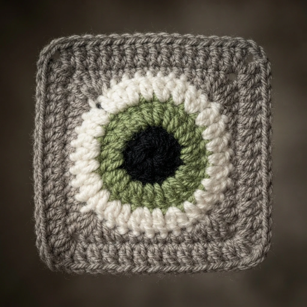Single crocheted granny square with a black center, green iris, white ring and grey border, photographed on a dark blurred background.