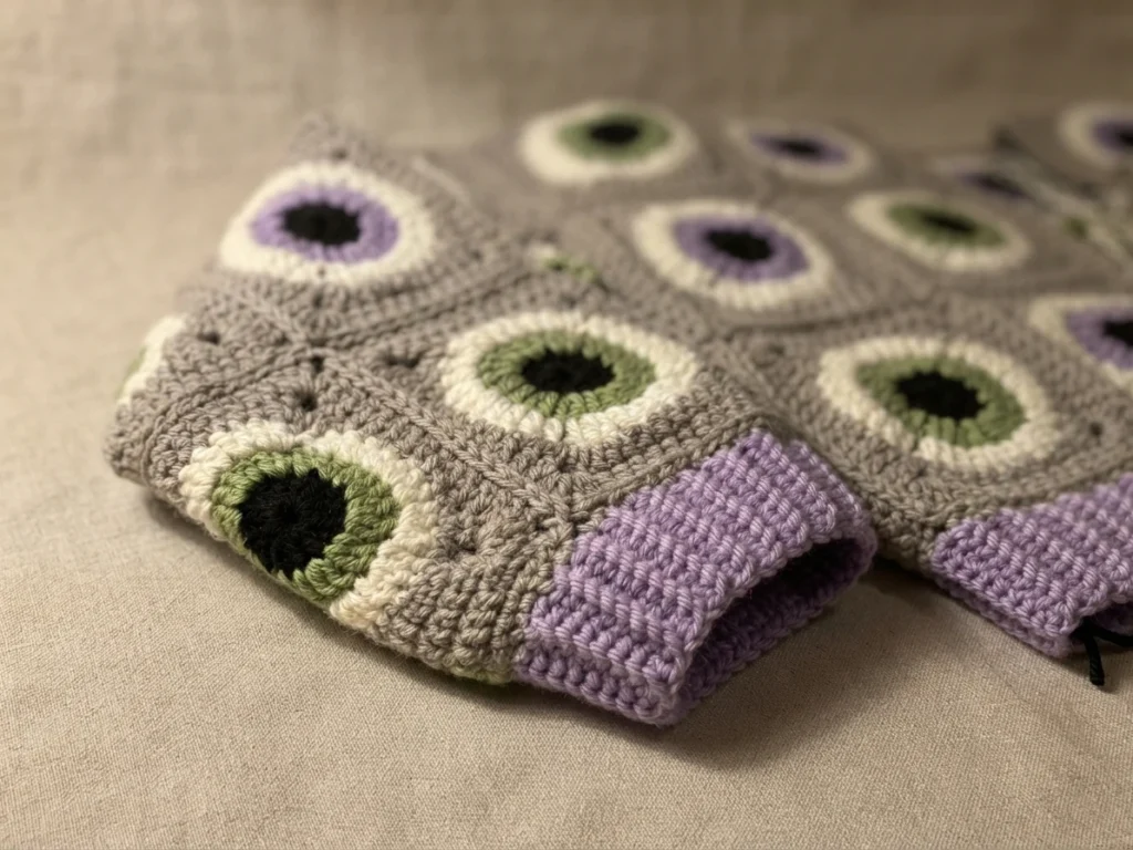 Close-up of a folded crochet cardigan made of grey granny squares with green and purple eye motifs, white sclera rings and black centers, finished with a purple ribbed cuff, resting on a plain cream fabric surface.