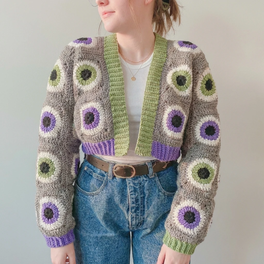 Person wearing a cropped grey granny square cardigan decorated with green and purple eyeball motifs, with a green ribbed collar and ribbed cuffs, styled over a white top, blue jeans and a brown belt, photographed against a plain light grey