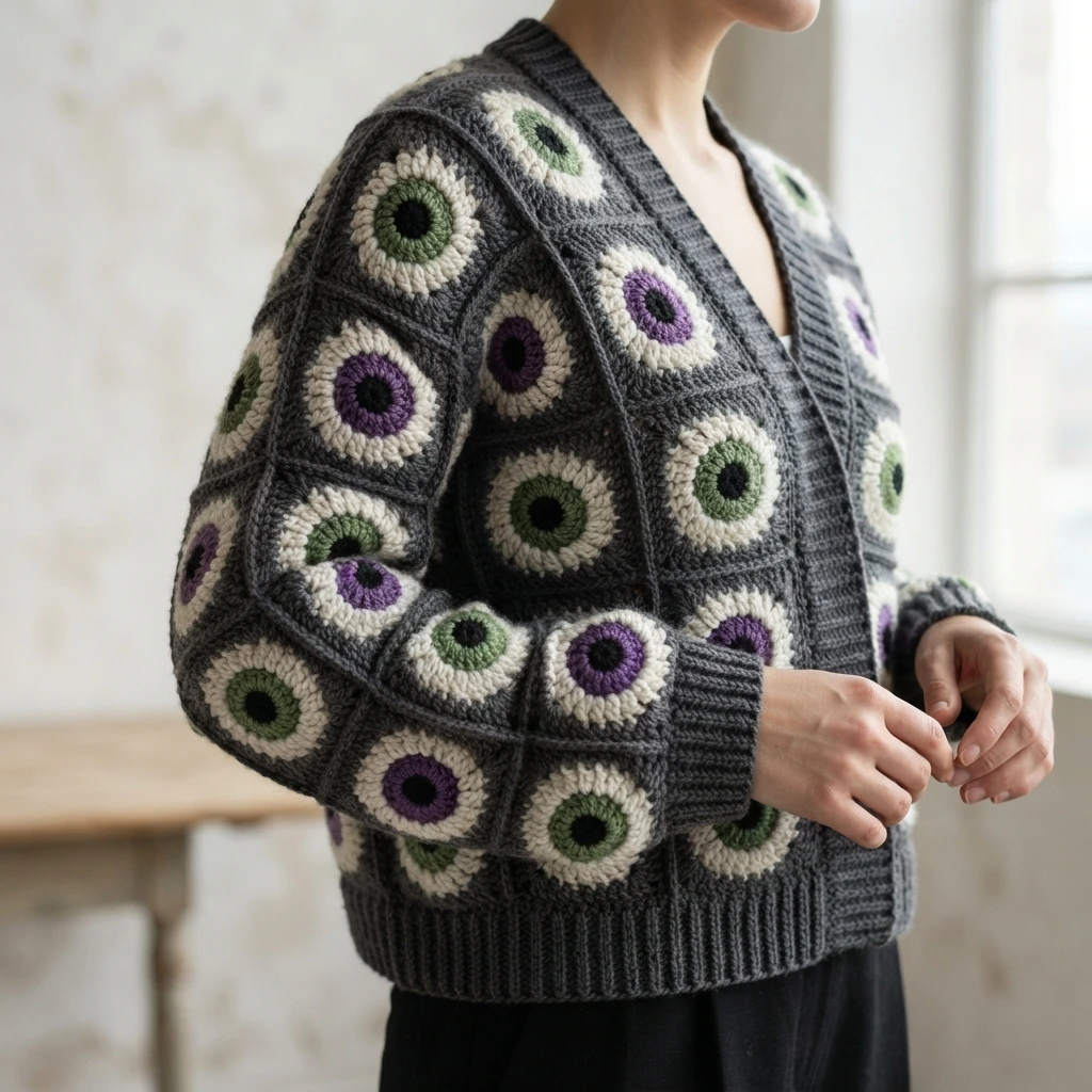 Person wearing a dark grey crocheted cardigan built from eyeball granny squares with black centres, cream rings and green or purple irises, ribbed grey trim, hands resting at the front, indoors.
