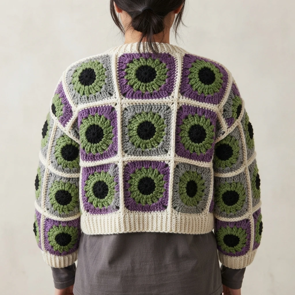 Back view of a person wearing a crocheted granny square cardigan with black centered eyeball motifs ringed in green, set in gray and purple squares joined with cream yarn, finished with white ribbed hem and cuffs, worn over a gray top.