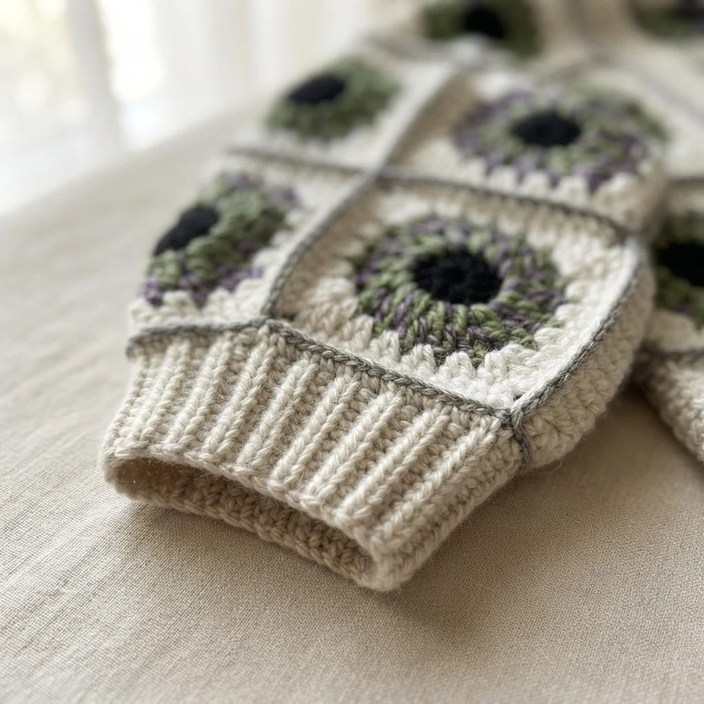 Folded crochet cardigan sleeve with eyeball granny squares in green, purple, black and white, joined by grey seams, ending in a cream ribbed cuff on beige linen fabric.