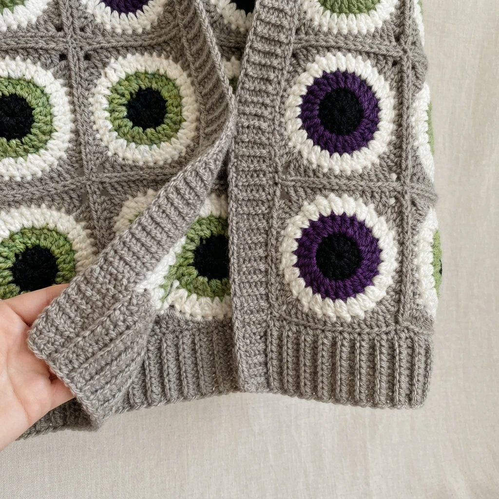 Crocheted granny square cardigan laid flat, gray squares with green and purple eyeball motifs, white rings and black centers, gray ribbed collar, cuffs and hem, one sleeve lifted by a hand.