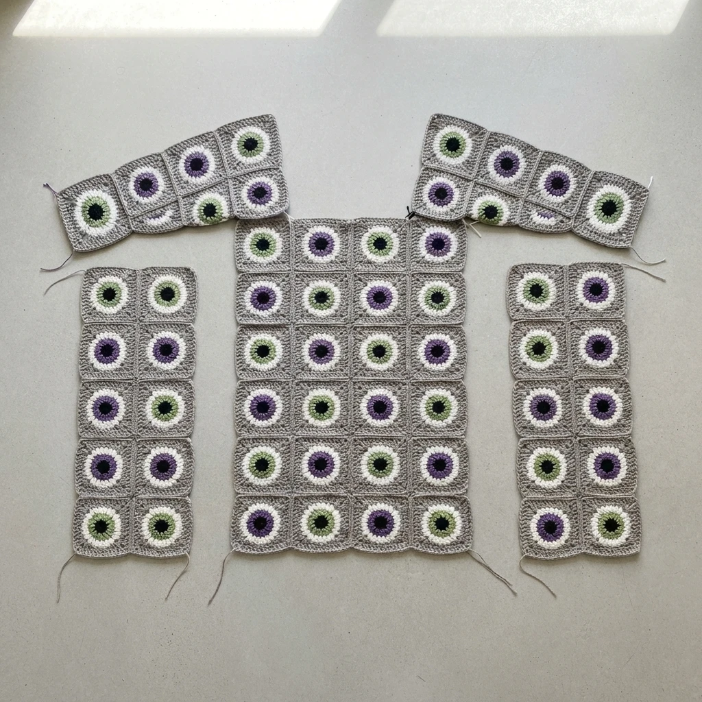 Crocheted granny square panels laid flat on a pale surface, showing gray squares with green and purple eye motifs arranged as a back panel, two front panels and two sleeve strips, with loose yarn tails.