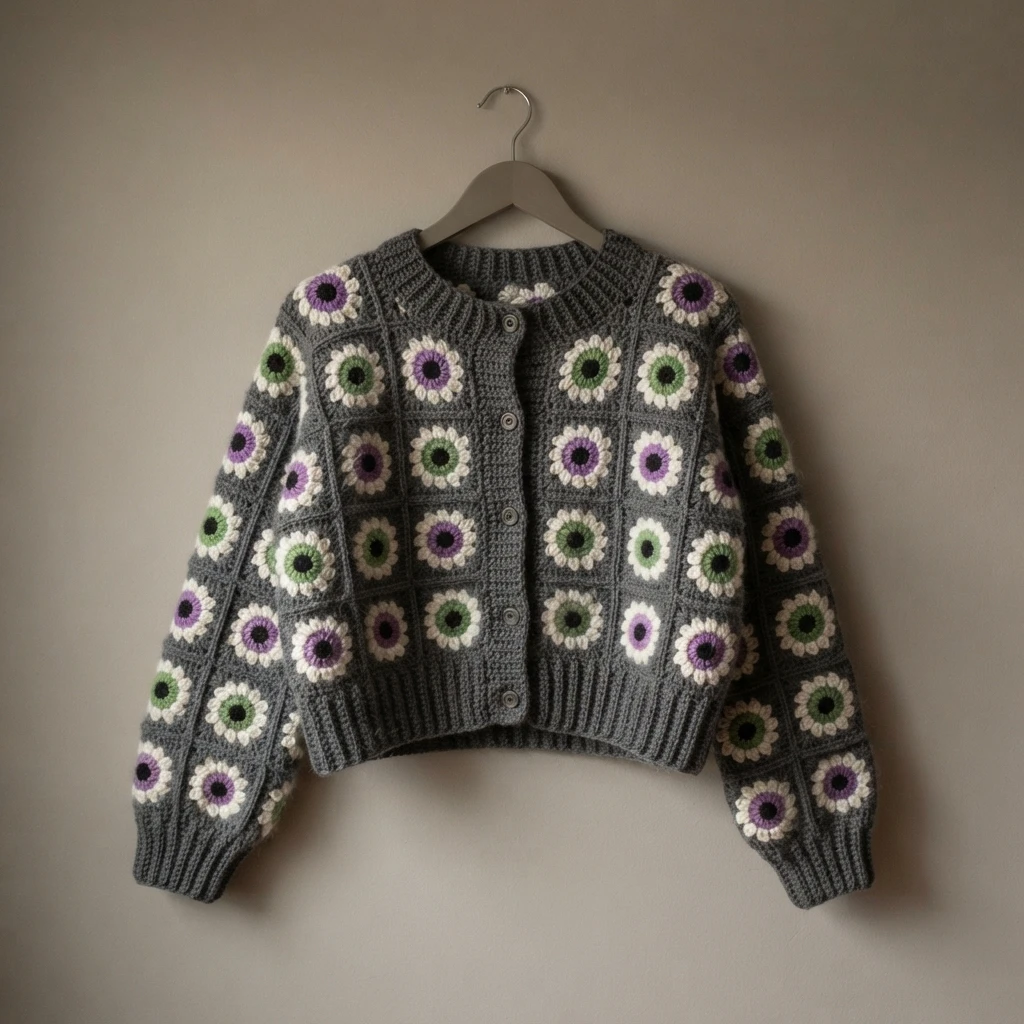 A grey crocheted cardigan hanging on a hanger against a plain light background, made of granny squares each with a white ring of petals around a purple or green centre, with ribbed grey cuffs and a buttoned ribbed front band.