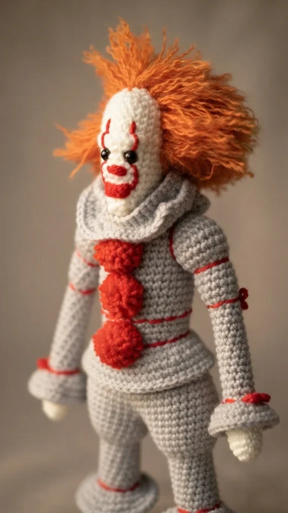 Crocheted clown doll with bright orange yarn hair, a white face with red painted lines around the eyes and mouth and black button eyes, wearing a light gray suit with three red pom-poms down the front, red trim at the cuffs, waist and leg r