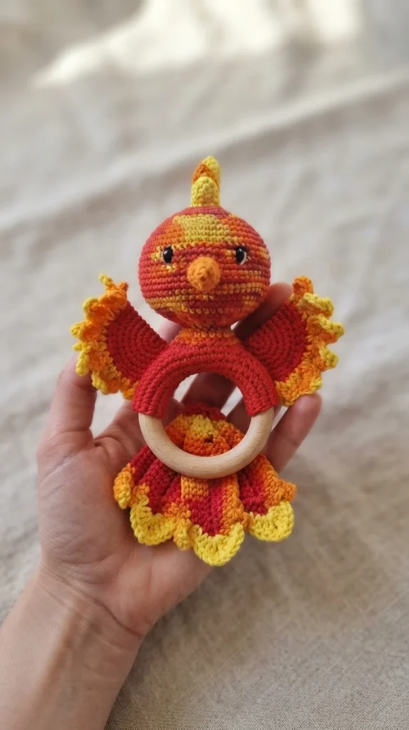 A hand holding a finished crocheted phoenix baby rattle with red, orange and yellow feathers and a wooden ring.