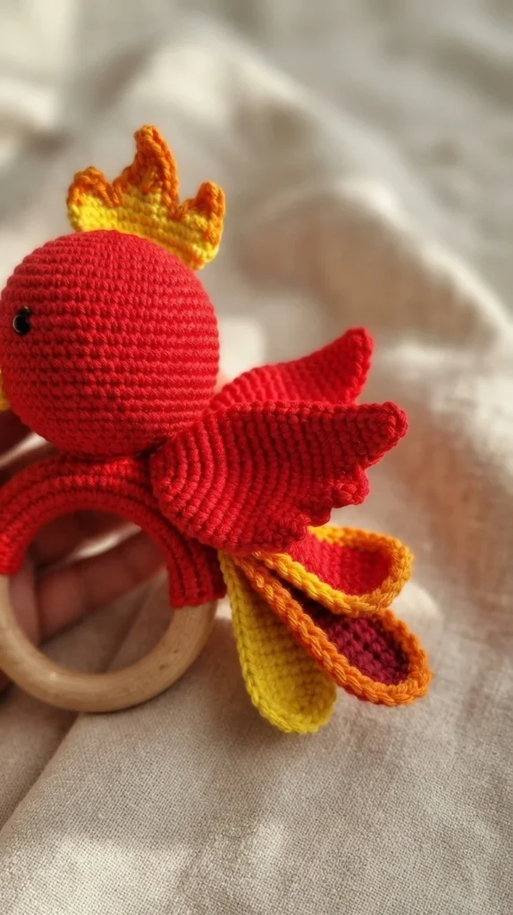 Close-up of a red crocheted phoenix baby rattle with yellow and orange crest and tail feathers, held above a wooden ring on beige fabric.