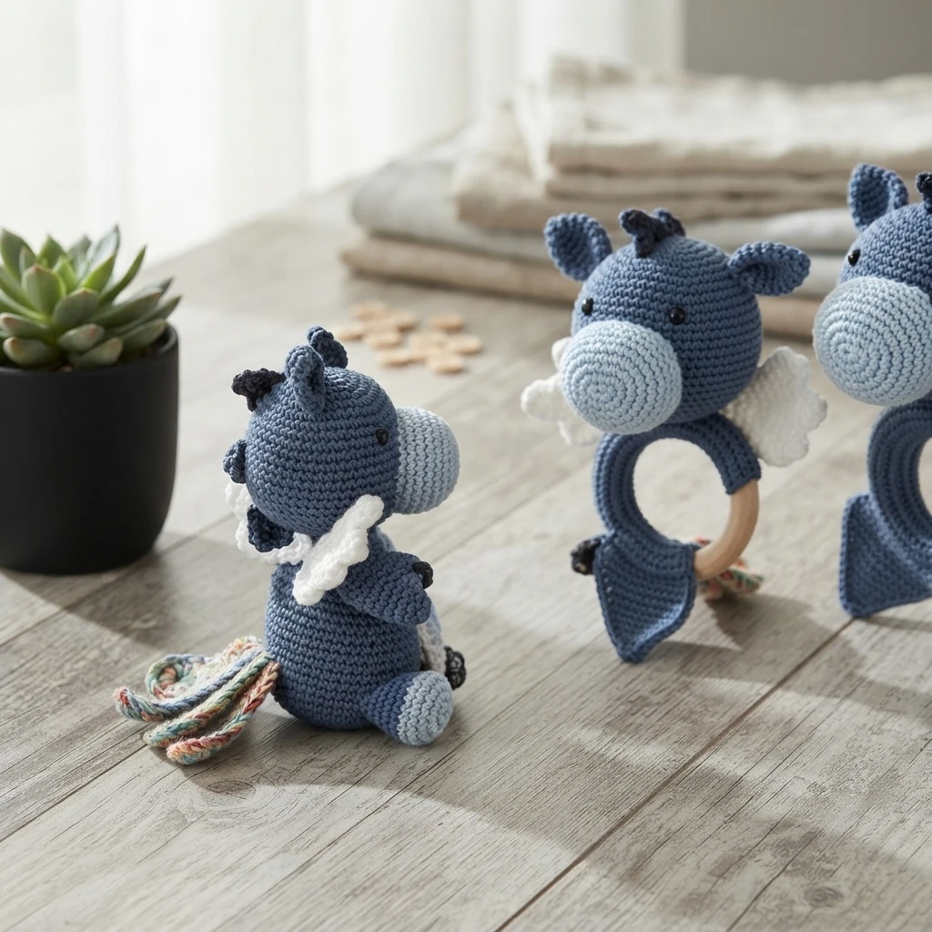 Two blue crocheted dragon rattles with white wings and light blue snouts on a wooden table beside a small potted plant.