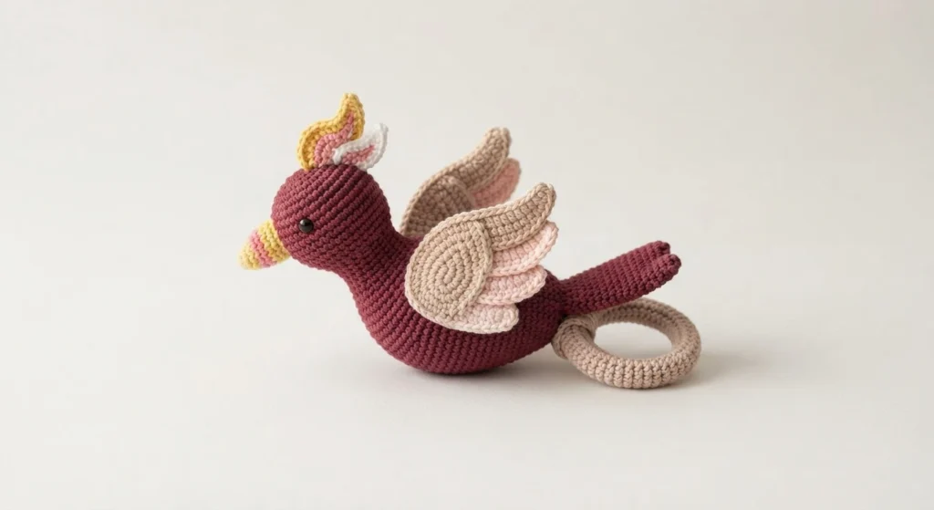 Crocheted burgundy phoenix bird rattle with beige and pale pink wings, a yellow and pink crest, and a beige crocheted ring, shown in side view on a plain light background.