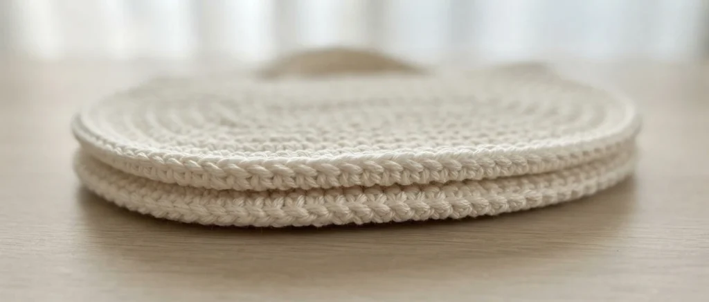 Two stacked cream-white crocheted oval panels forming the tote bag base, lying on a light wooden surface.