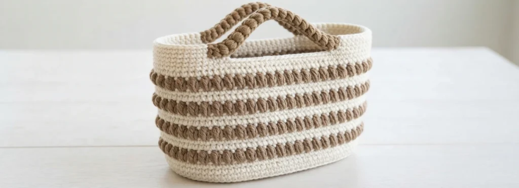 Cream and taupe crocheted tote bag with braided puff stitch stripes and thick twisted handles, standing on a white surface.