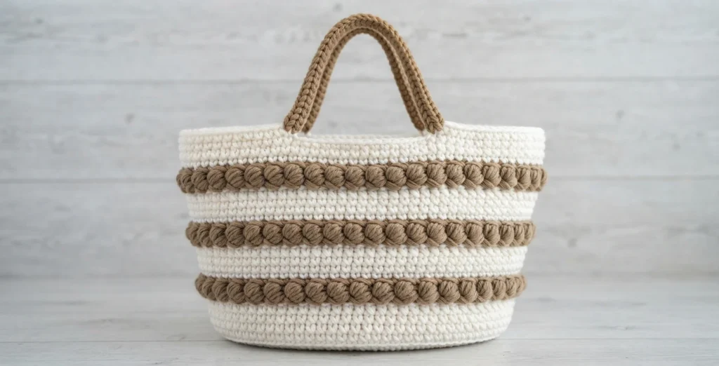Crocheted tote bag in cream and brown horizontal stripes with textured puff stitch rows and two brown crochet handles, on a light background.