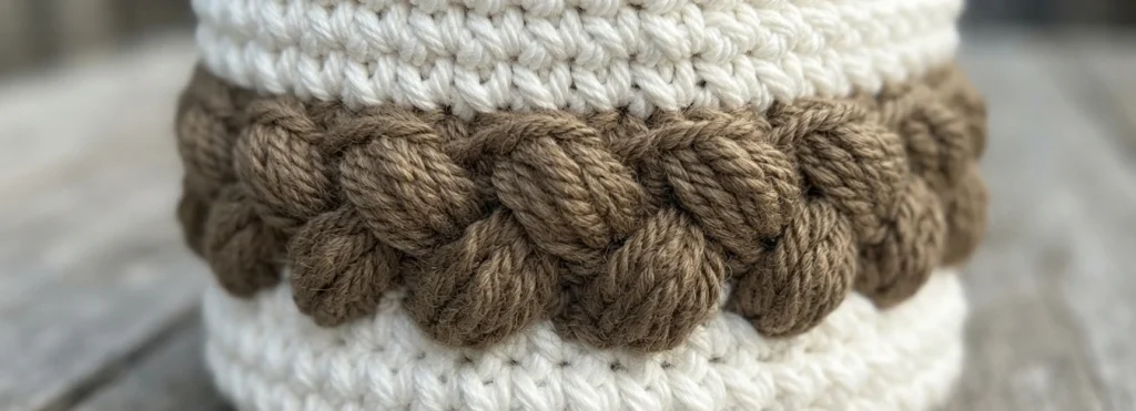 Close-up of white crochet bands with a brown braided puff stitch band between them on a tote bag