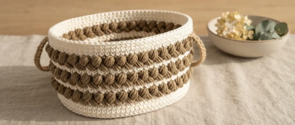 Cream and brown crocheted oval tote with braided puff stitch stripes and short side loop handles on linen cloth beside a bowl of dried flowers.