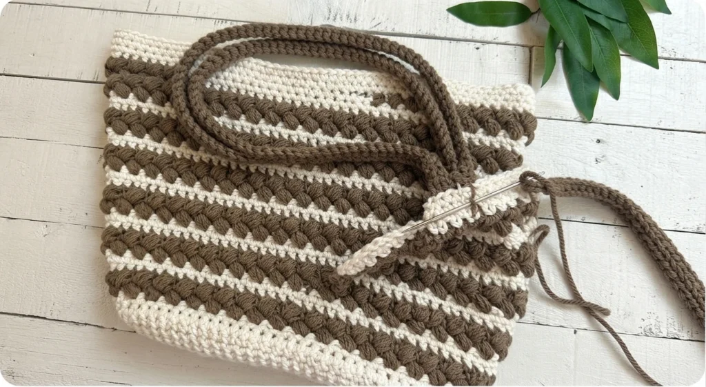 Crocheted tote bag with white and taupe braided stripes, with a yarn needle sewing one handle to the top edge and loose yarn tails visible.