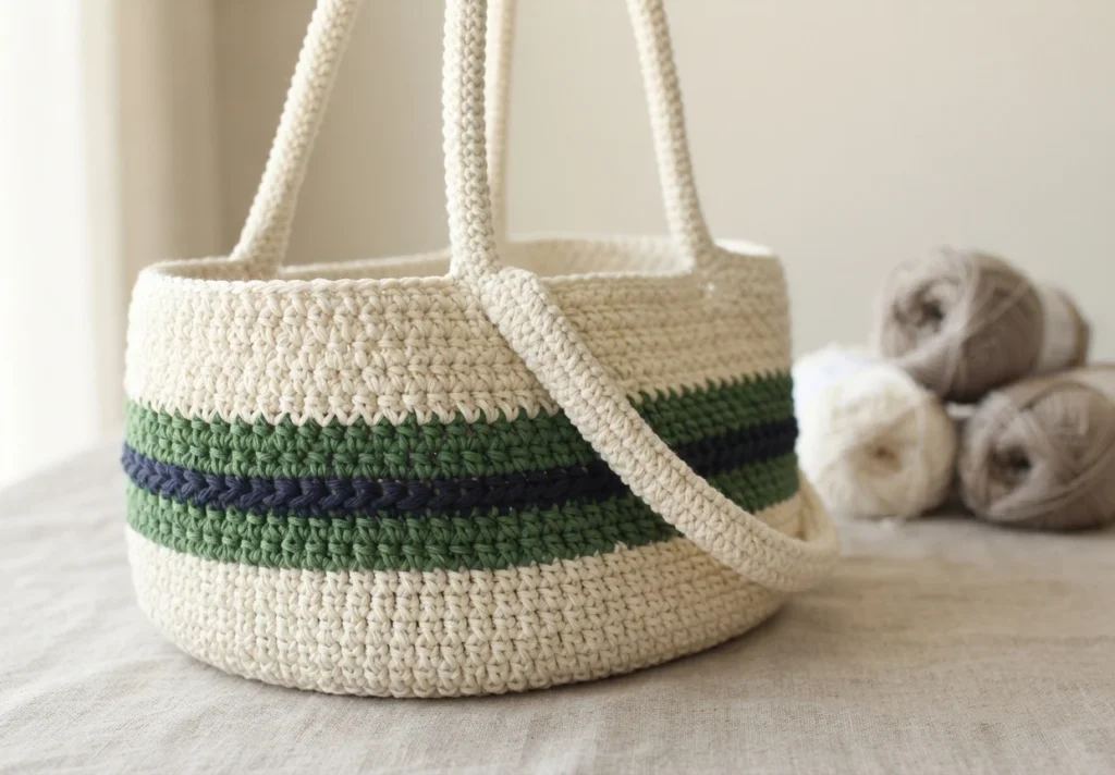 Cream crochet tote bag with green and navy horizontal stripes and long cream handles, beside balls of yarn.