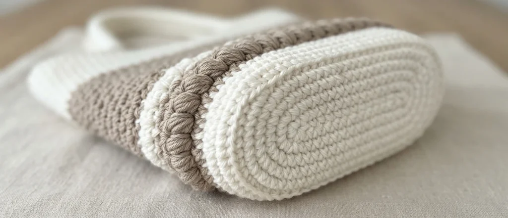 Vue rapprochée du dessous d'un sac en crochet blanc et taupe montrant la base ovale et le début du corps rayé