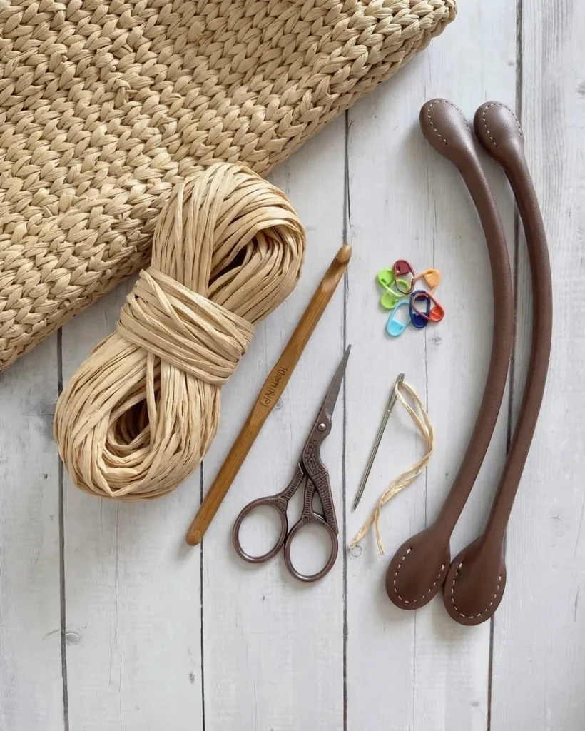Flat lay of natural raffia yarn, a wooden crochet hook, small scissors, a tapestry needle, colorful stitch markers and two brown leather bag handles beside a crocheted raffia bag on a whitewashed wooden surface.