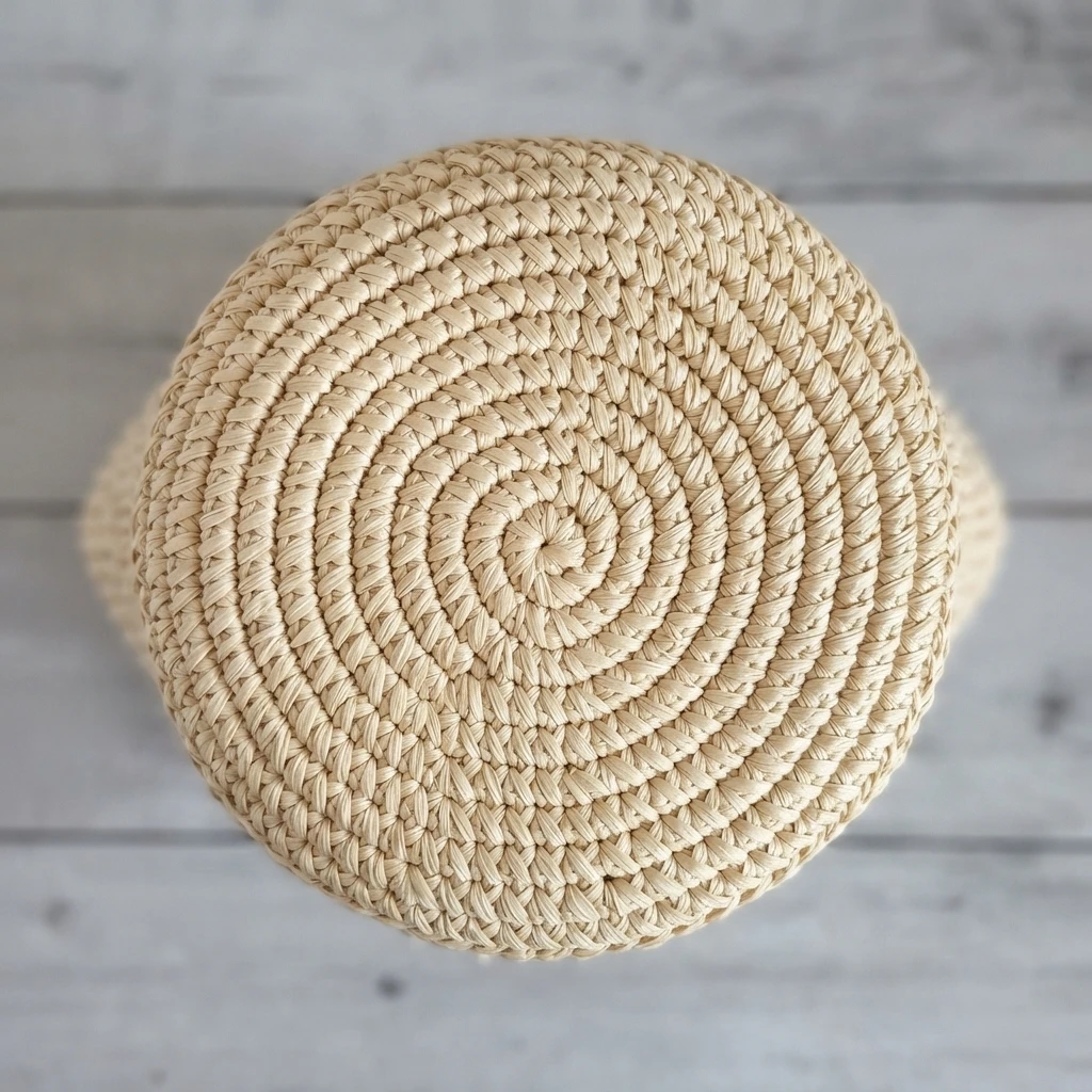Top-down close-up of a round crocheted raffia bag base in natural beige on a light wood surface.