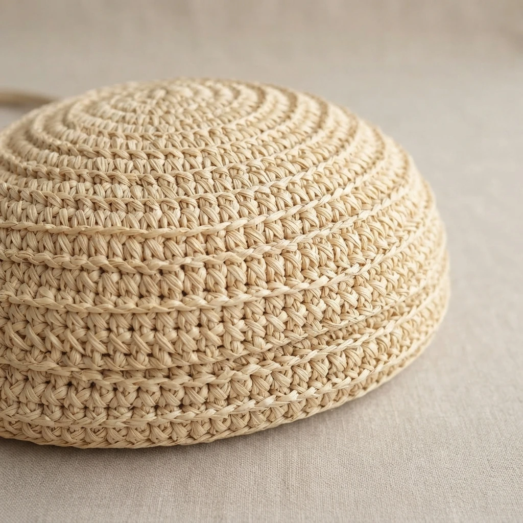 Close-up of a natural beige crocheted raffia dome base showing spiral rounds on light fabric.