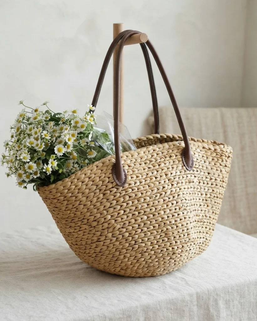 Crocheted natural straw tote with dark brown leather handles holding white daisies, displayed on a wooden stand