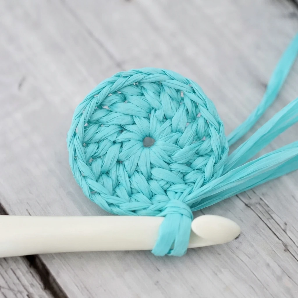Turquoise raffia crochet circle in progress on a white crochet hook on a light wooden surface, with loose raffia strands.