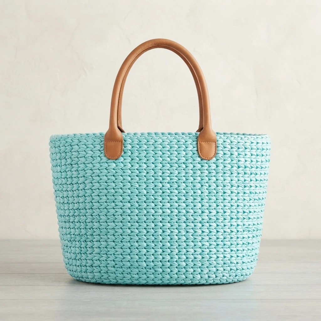 Turquoise crochet raffia tote bag with tan leather handles on a light wooden surface