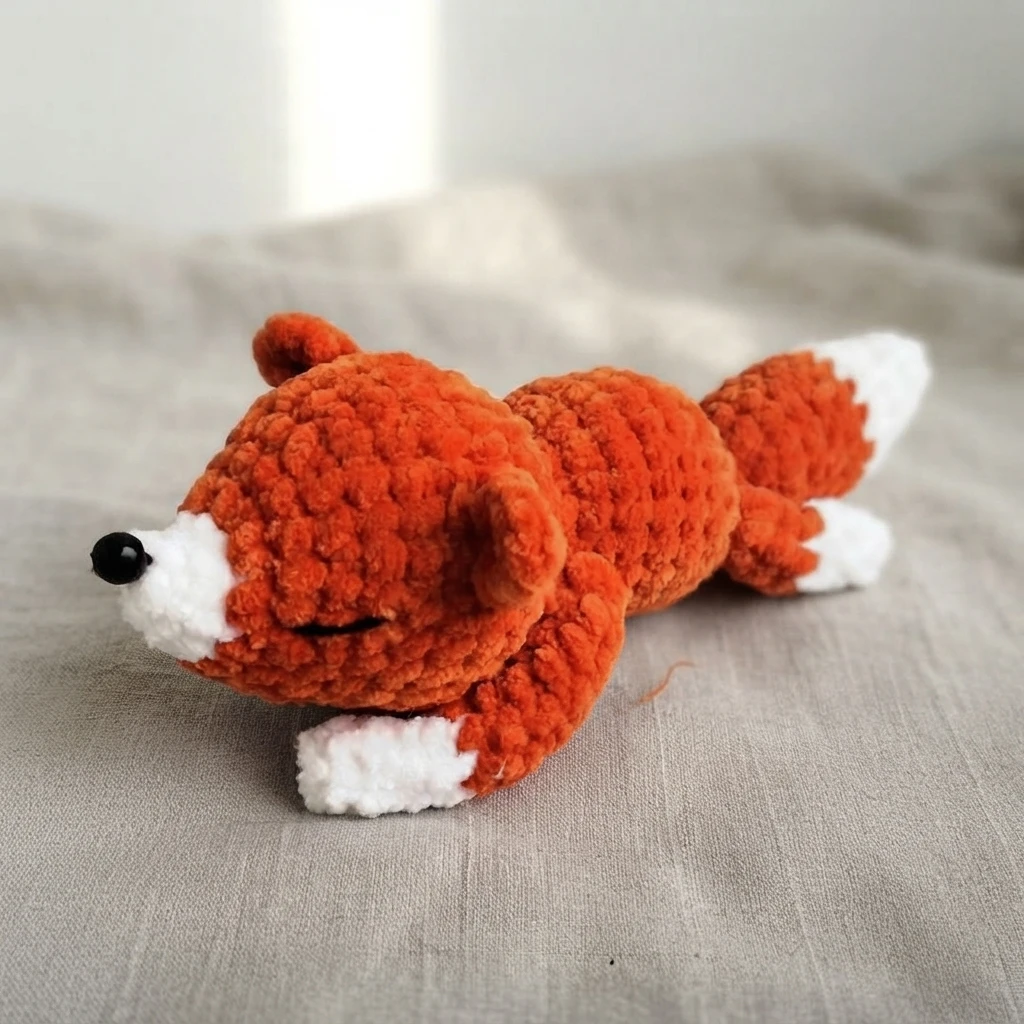 Crocheted sleeping fox amigurumi in orange chenille yarn with white muzzle, feet and tail tip, black bead nose and closed embroidered eyes, lying on fabric