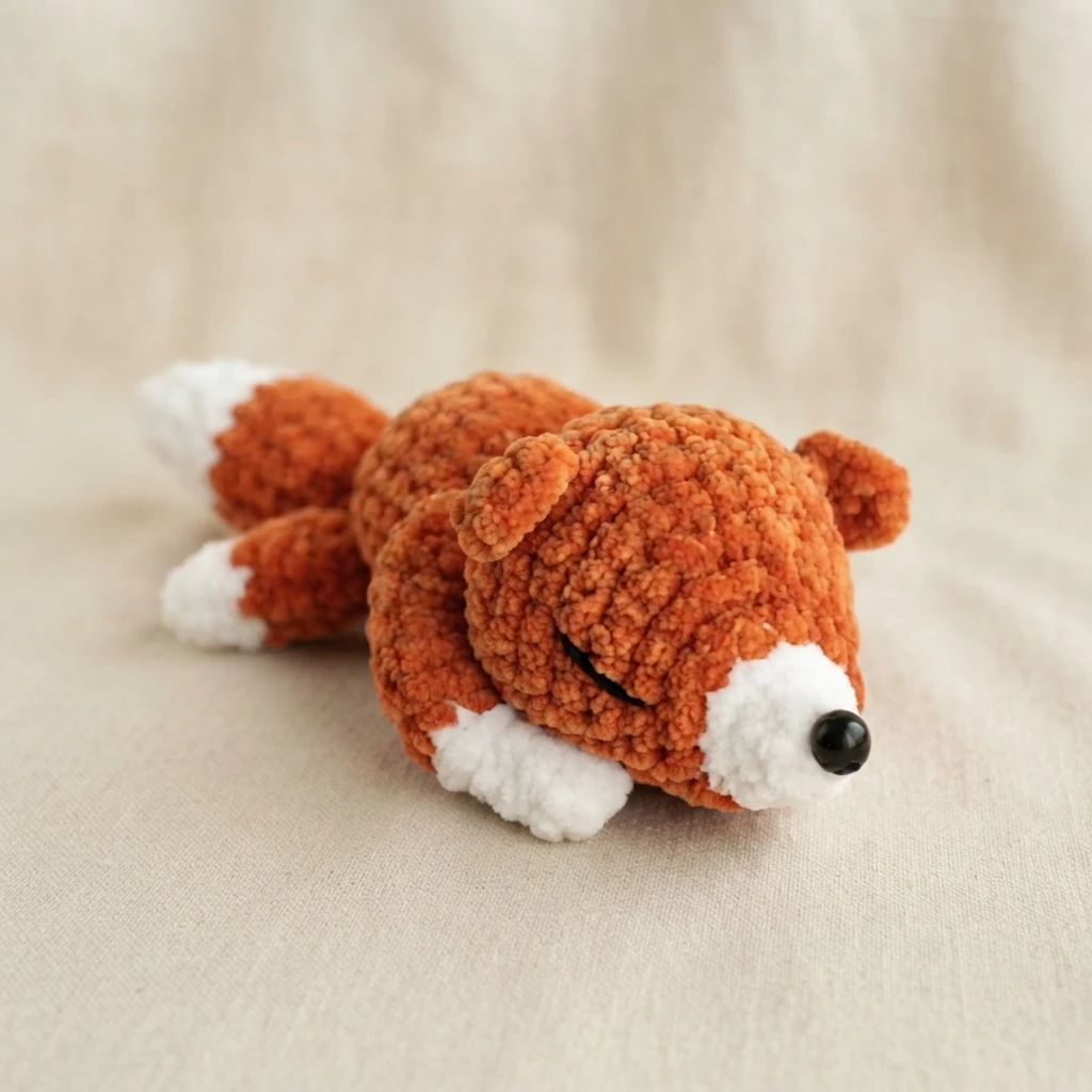 Orange and white crocheted sleeping fox plush lying on beige fabric, with black bead nose and closed embroidered eye