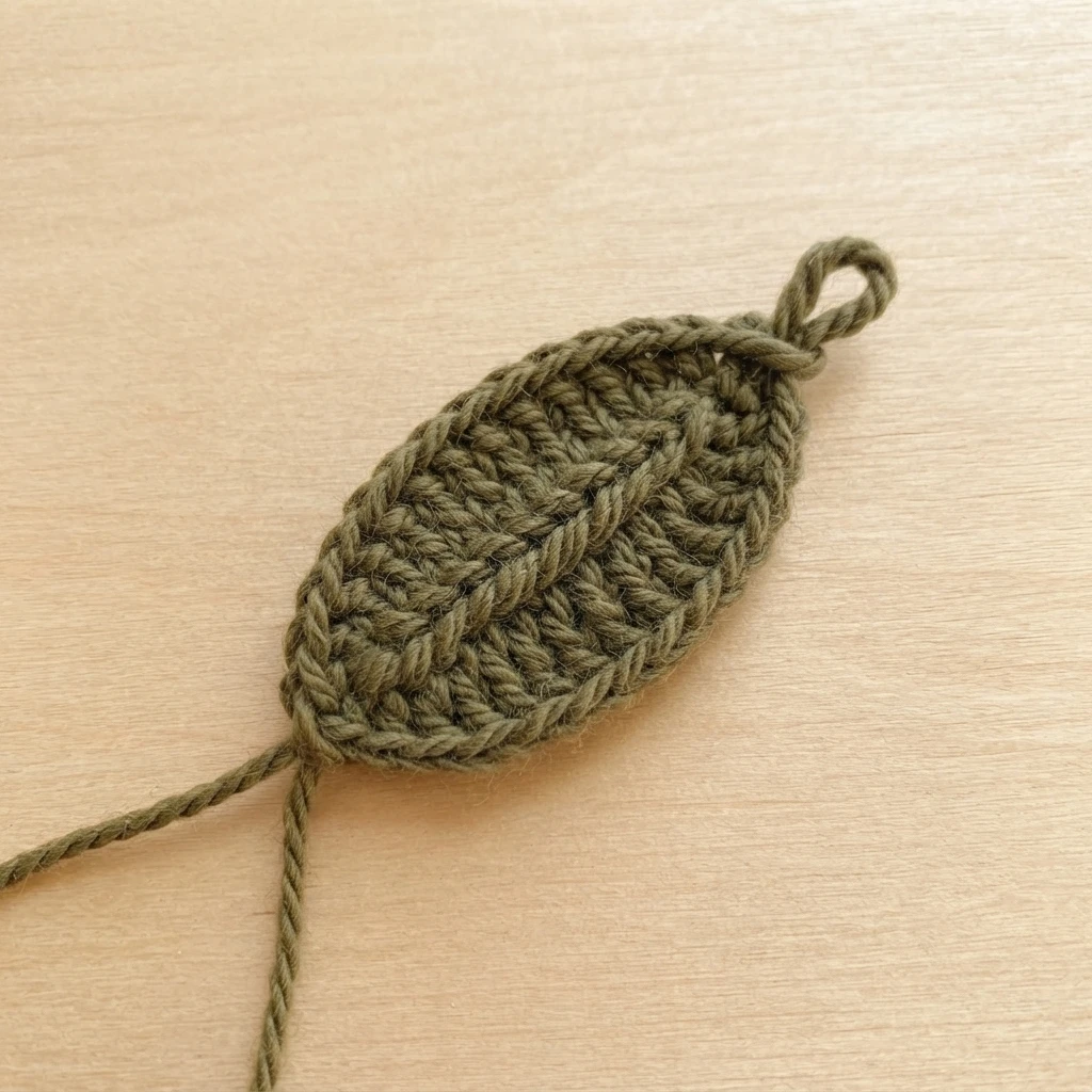 Crocheted olive-green leaf with loose yarn tails resting on a light wooden surface.