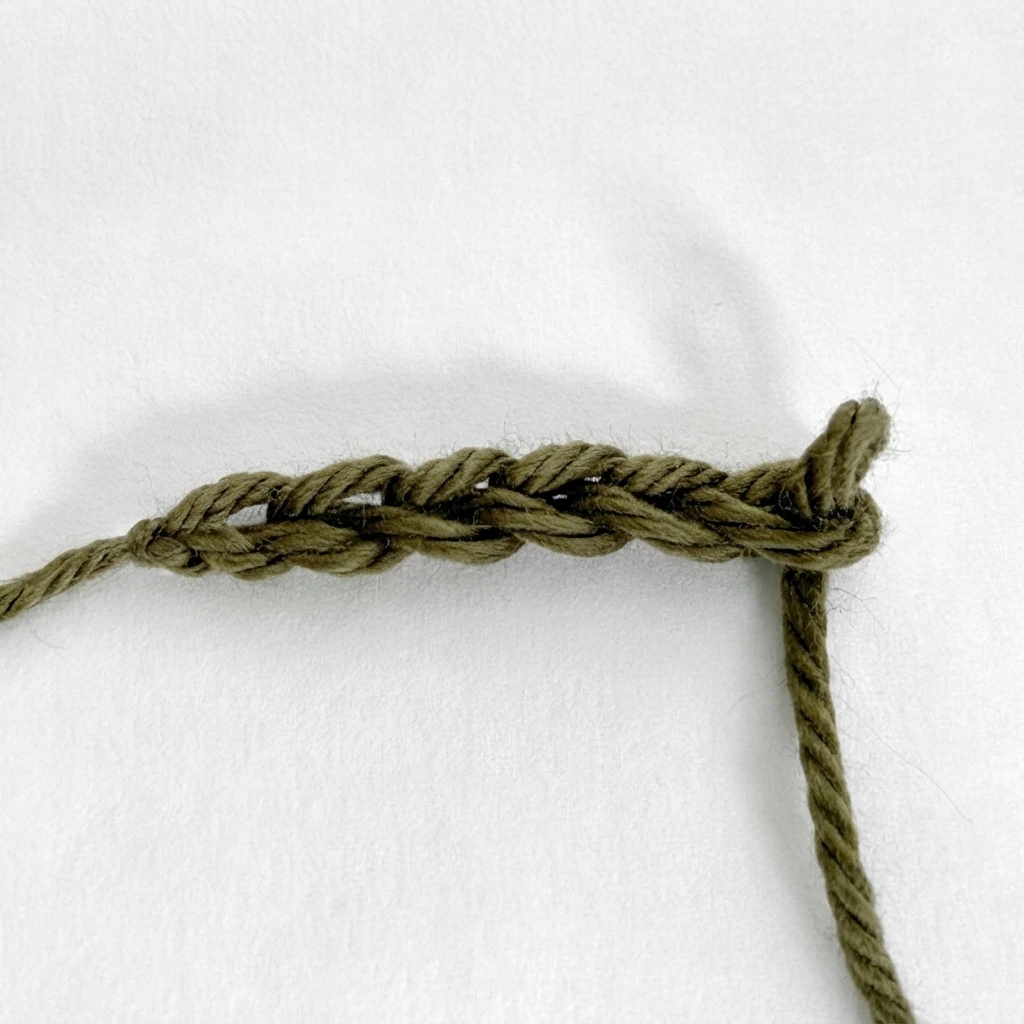Short olive green crocheted stem made of slip stitches on a white background, with yarn tails at both ends.