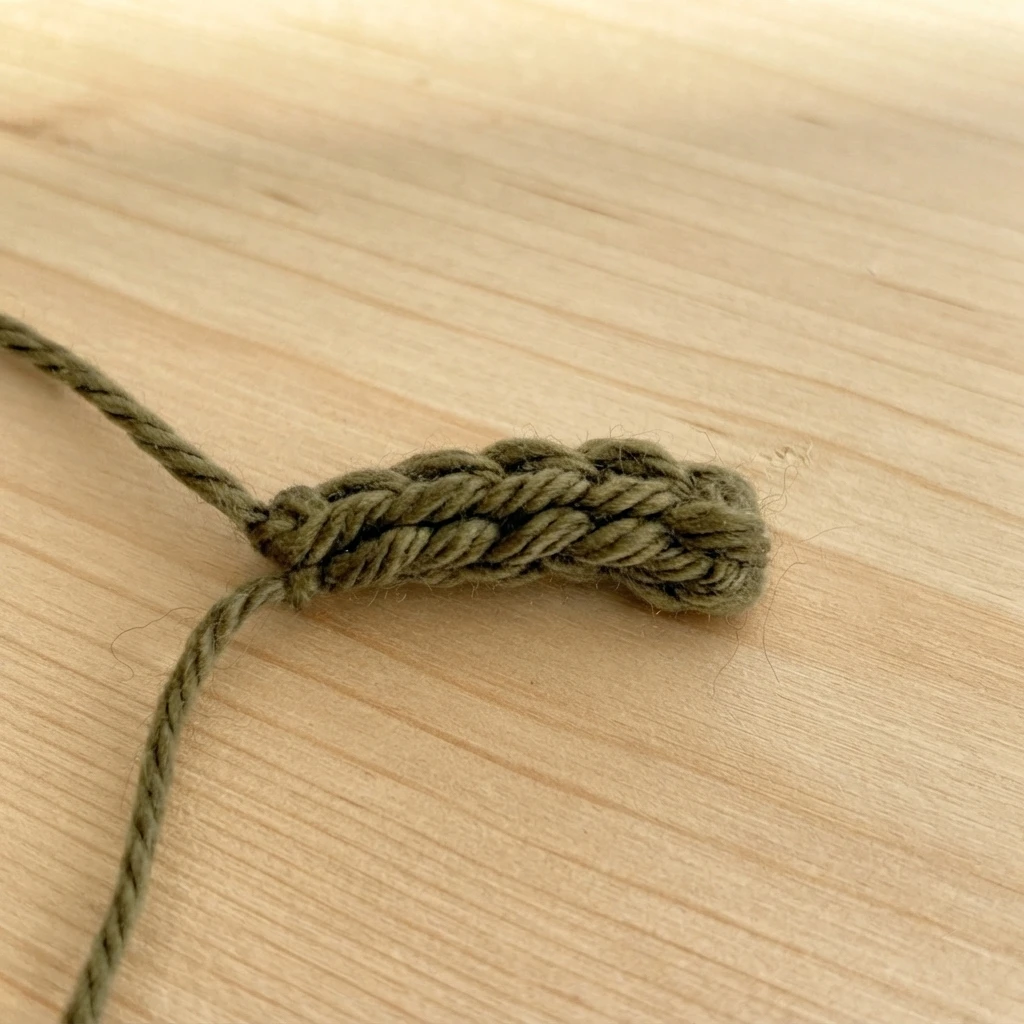 Close-up of a short olive green crocheted stem with two loose yarn tails on a light wooden surface.