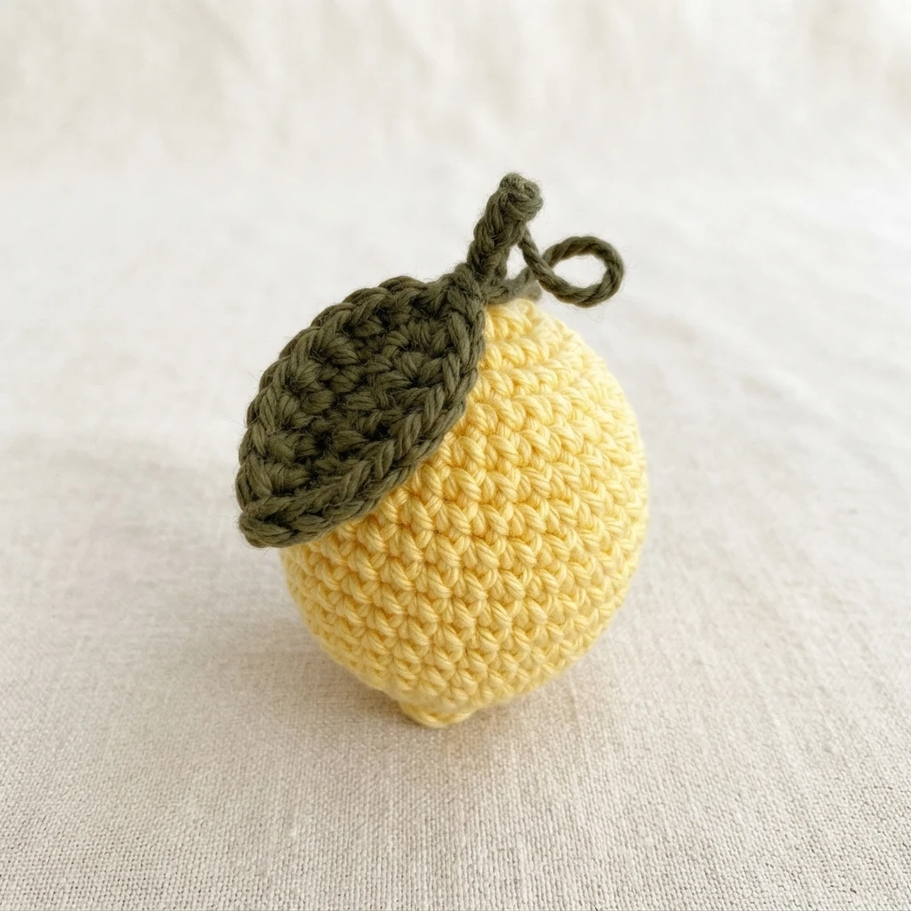A crocheted yellow lemon with a green leaf and twisted stem, shown finished on a light fabric background.