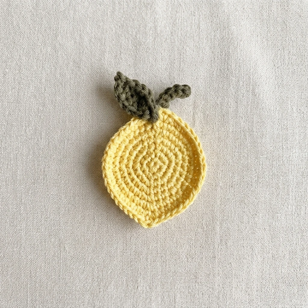 Single crocheted yellow lemon with a small green leaf and stem on light beige fabric