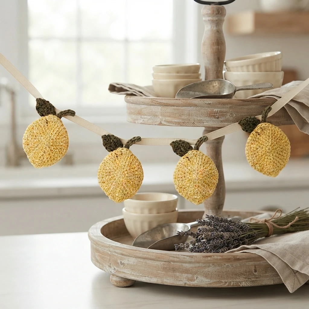 Four crocheted yellow lemons with olive green leaves hanging from a cream ribbon on a tiered tray